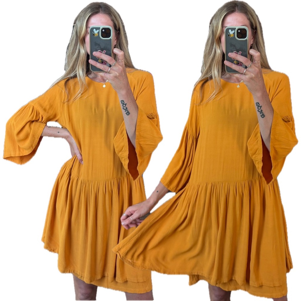 Just Mustard Yellow Oversized Garner Boho Bell Sleeve Mini Swing Dress